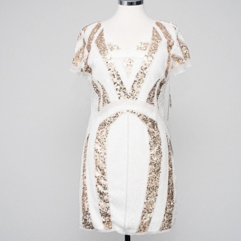 White and Gold Sequin Short Sleeve Dress